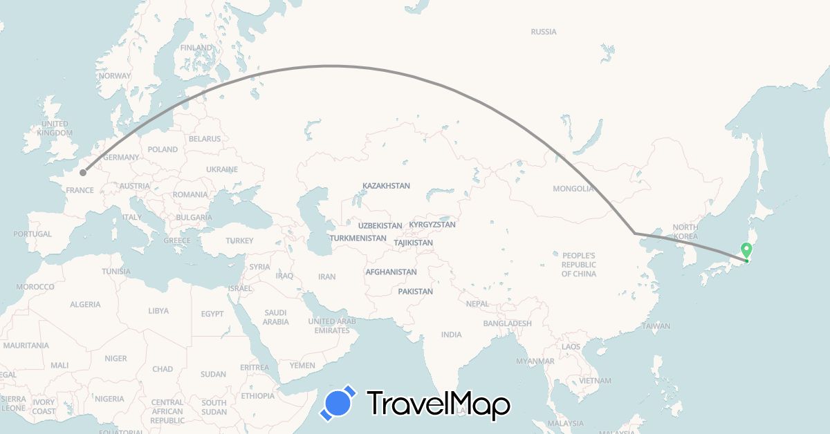 TravelMap itinerary: driving, bus, plane in China, France, Japan (Asia, Europe)